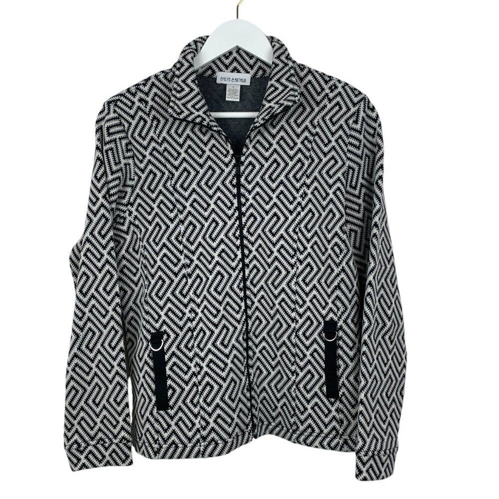 Evelyn And Arthur Jacket Womens Medium Jacquard Front Zip Patterned Black White